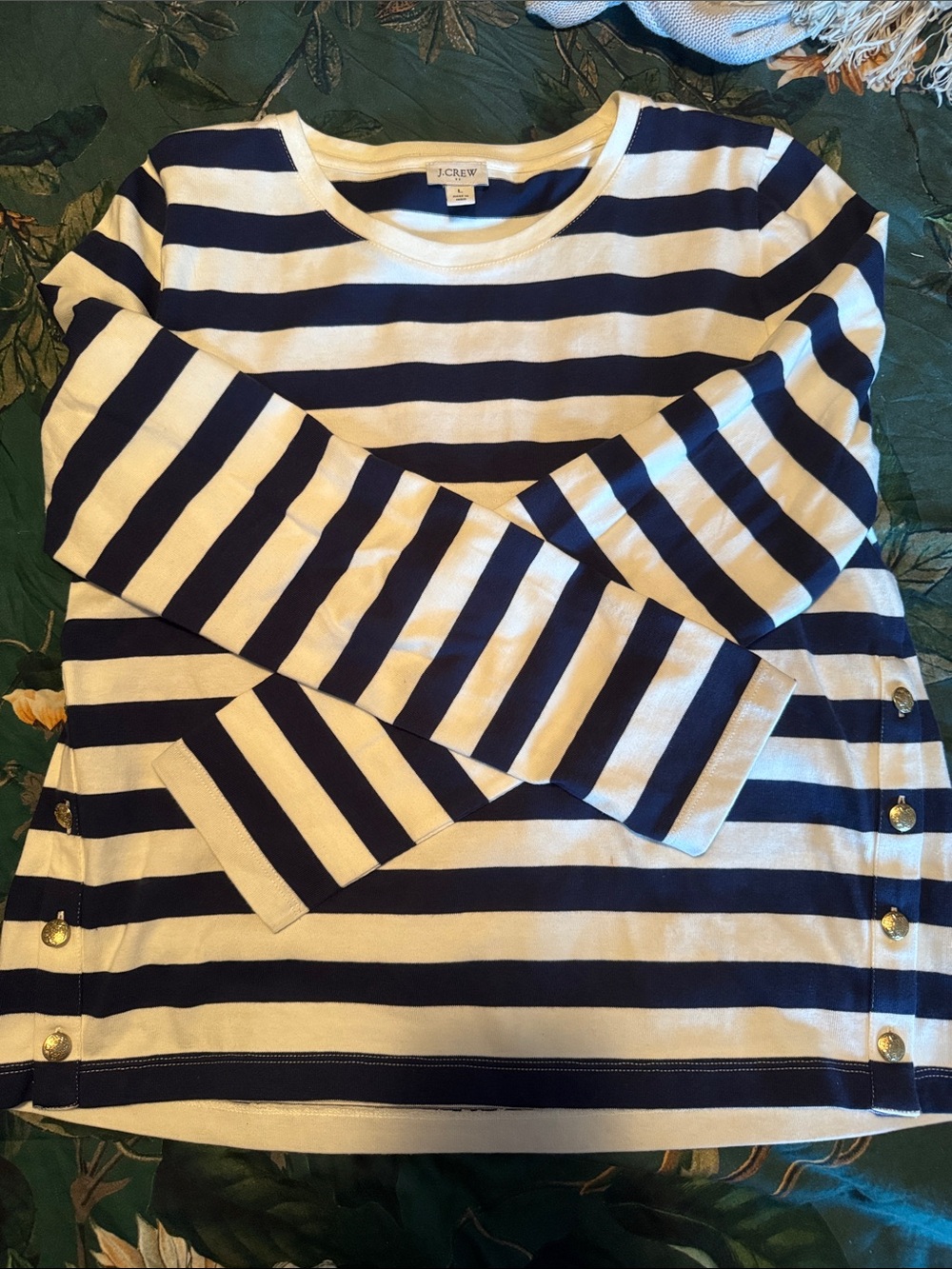 J. Crew Navy and White Striped Long-Sleeve Crew Top with Side Buttons